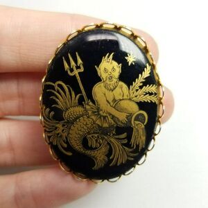 Vintage Aquarius Zodiac Brooch Pin Merman Water Bearer Black Gold Tone Estate